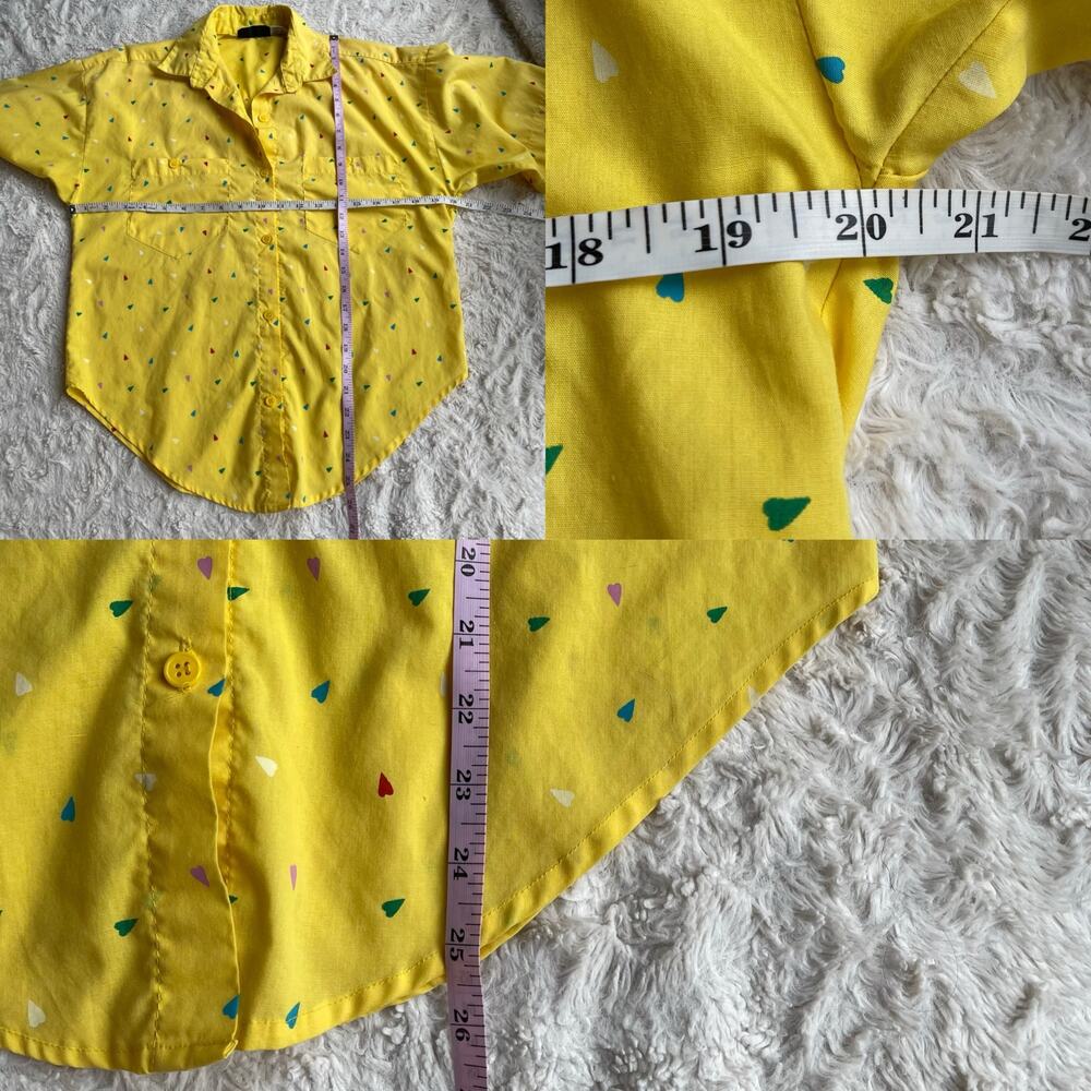 Vintage 80s 90s heart print yellow button-down shirt blouse oversized hearts S - Picture 5 of 17